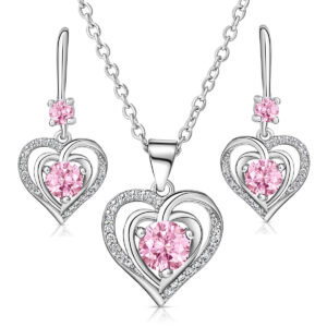 Swarovski Hart in Hart Ketting en Oorbellen (Roze)